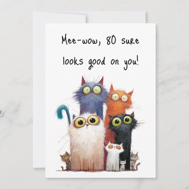 Quirky Cats with Big Eyes 80th Birthday Flat Card (Front)