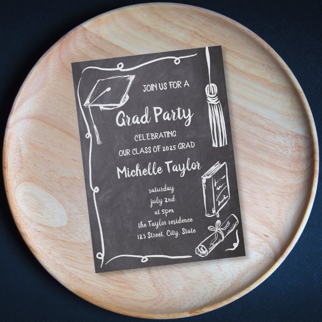 Quirky Chalkboard Unique Hand Drawn Grad Party Invitation (Creator Uploaded)