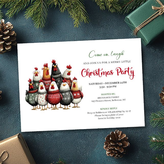 Quirky Chickens Watercolor Christmas Celebration  Invitation (Quirky Chickens Watercolor Christmas Celebration Card)
