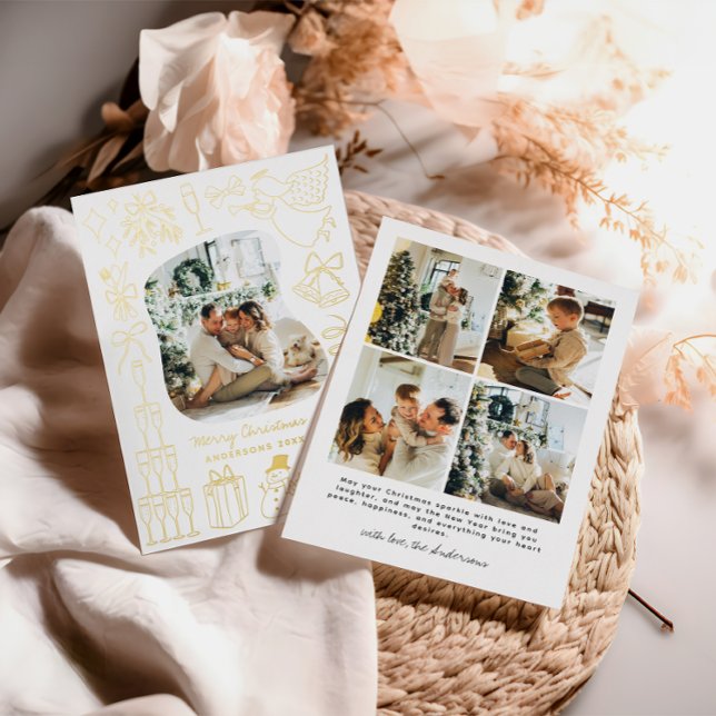 Quirky Christmas 5 Photo Hand drawn Doodle Foil Holiday Card (Creator Uploaded)