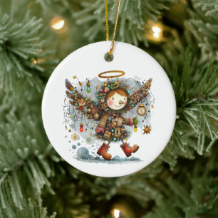 Quirky Christmas Angel Modern Art Style Ceramic Ornament