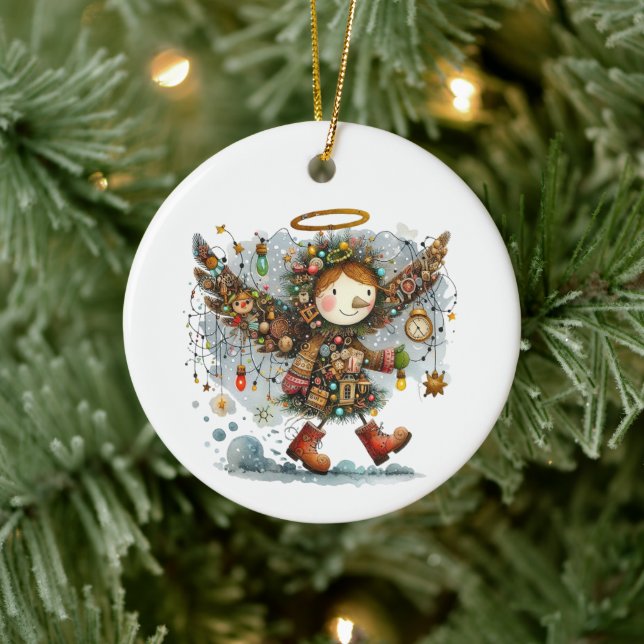 Quirky Christmas Angel Modern Art Style Ceramic Ornament (Tree)