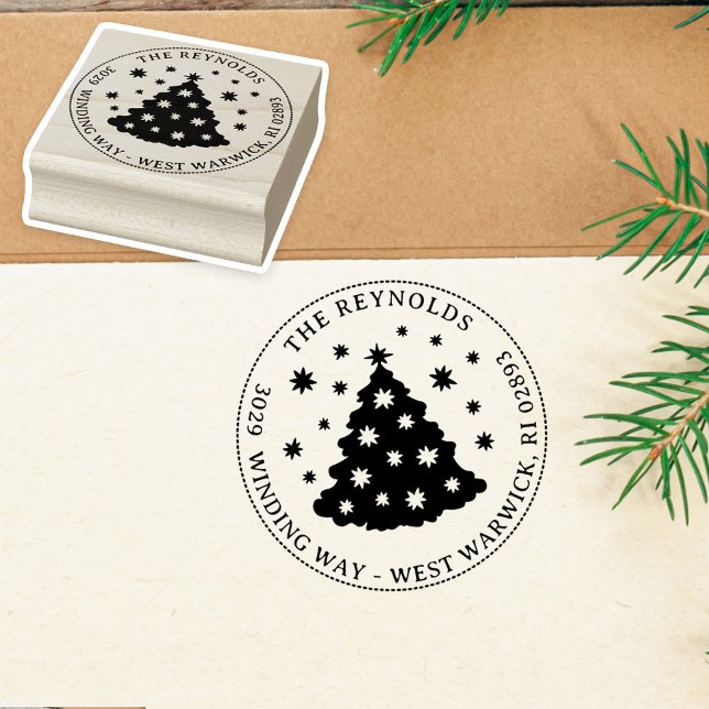 Quirky Christmas Tree Holiday Name Address Rubber Stamp (Creator Uploaded)