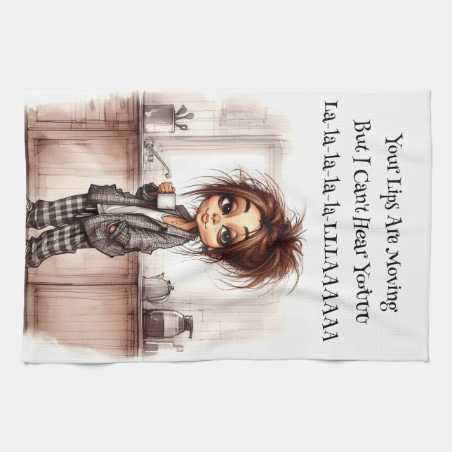 Quirky Coffee Lady Can't Hear You Kitchen Towels (Horizontal)