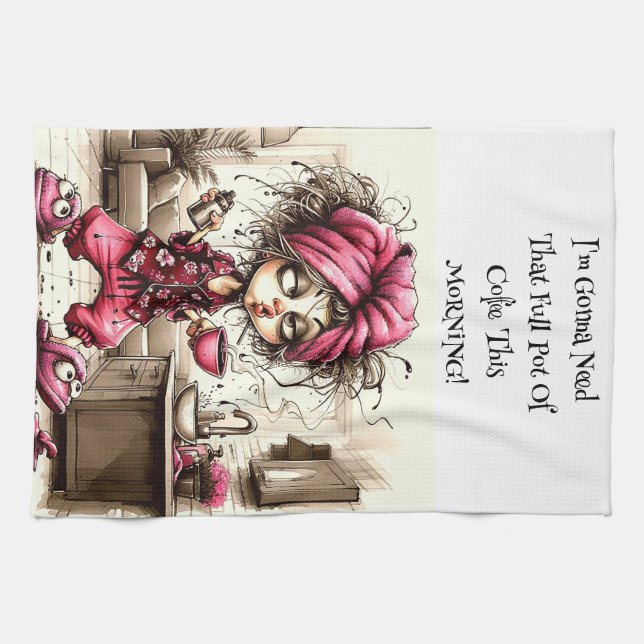 Quirky Coffee Lady Full Pot  Kitchen Towels (Horizontal)