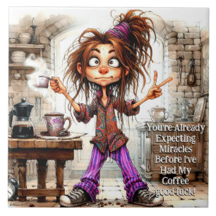 Quirky Coffee Lady Good Luck Ceramic Tile