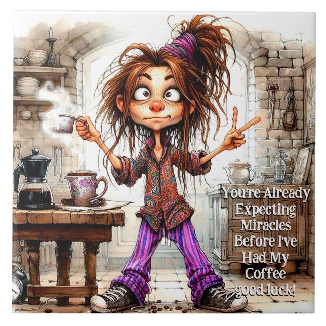 Quirky Coffee Lady Good Luck Ceramic Tile (Front)