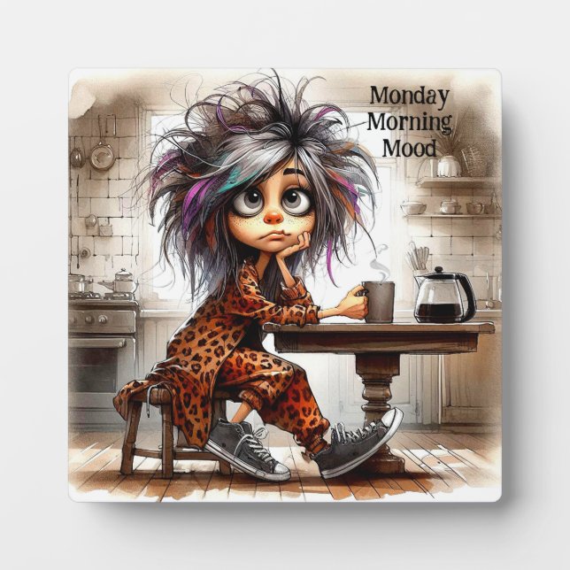 Quirky Coffee Lady Monday Tabletop Plaque w/ Easel (Front)