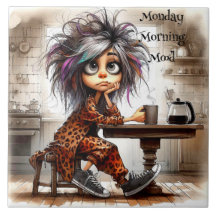 Quirky Coffee Lady Monday Vibe Ceramic Tile