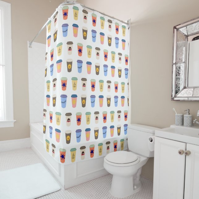 Quirky Coffee Lovers Take-Away Cups Pattern Shower Curtain (In Situ)