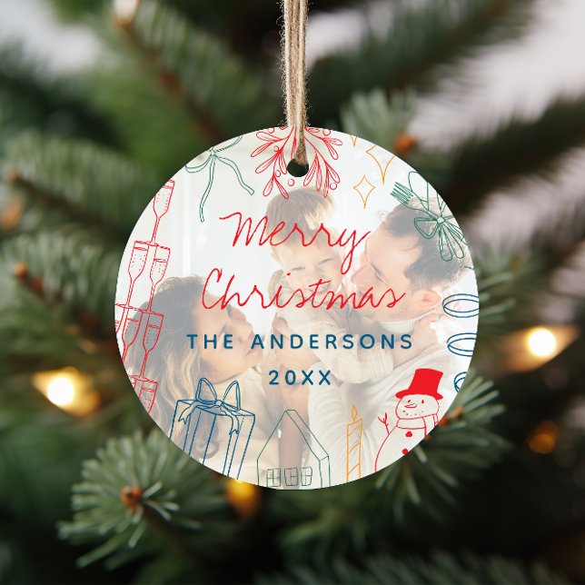 Quirky Colourful Christmas Doodle Photo Overlay Ceramic Ornament (Creator Uploaded)