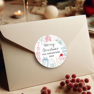 Quirky Colourful Christmas Hand drawn Doodle Classic Round Sticker