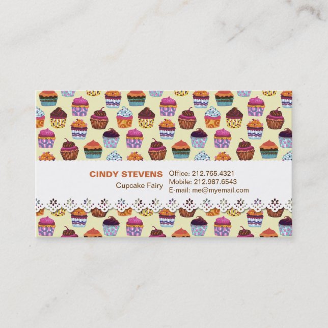 Quirky Colourful Cupcakes Illustration Pattern Business Card (Front)