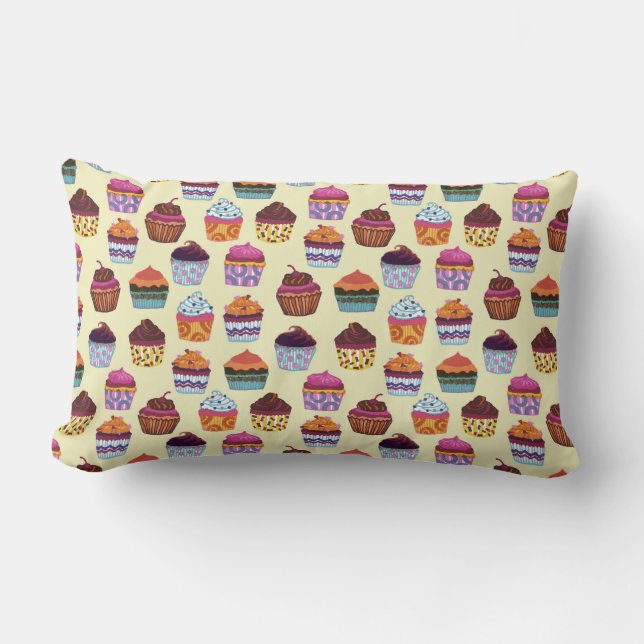 Quirky Colourful Cupcakes Illustration Pattern Lumbar Cushion (Front)