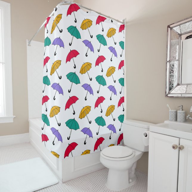 Quirky Colourful Falling Umbrellas Pattern Shower Curtain (In Situ)