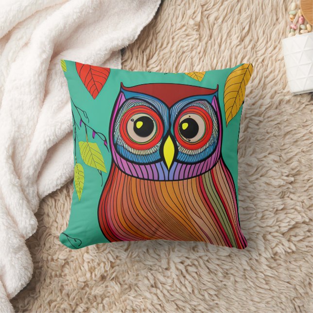 Quirky Colourful Folk Art Abstract Owl Cushion (Blanket)