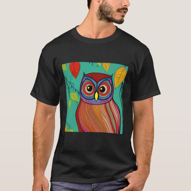 Quirky Colourful Folk Art Abstract Owl T-Shirt (Front)