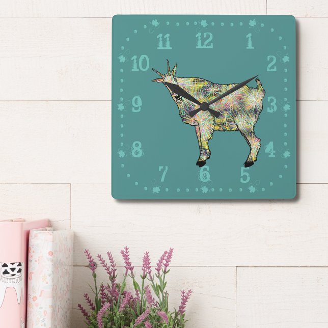Quirky Colourful Funky Goat Funny Animal Art Green Square Wall Clock (Funny funky goat colorful farm animal art green wall clock)