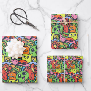 Quirky Colourful Kawaii Character Pattern Wrapping Paper Sheet