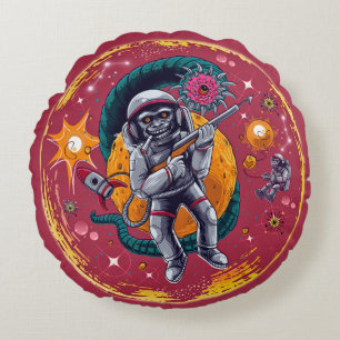 Quirky Colourful Monkeys in Space Round Cushion