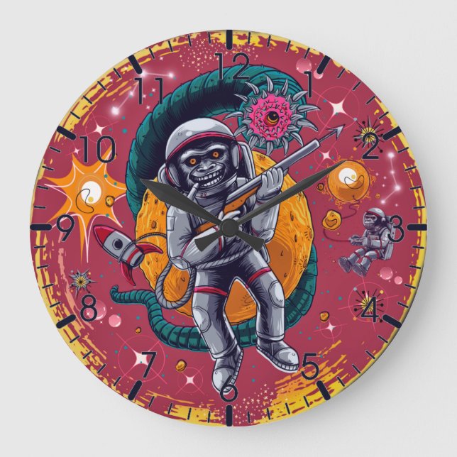 Quirky Colourful Space Monkeys Illustration Large Clock (Front)