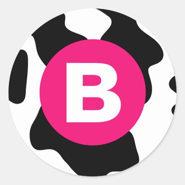 Quirky Cow Patch Pattern Pink Monogram Classic Round Sticker (Front)
