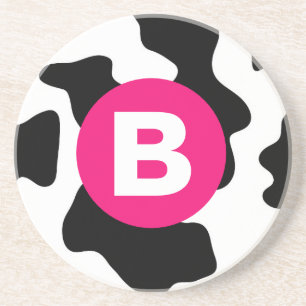 Quirky Cow Patch Pattern Pink Monogram Coaster