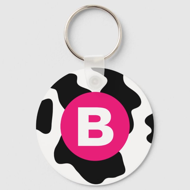 Quirky Cow Patch Pattern Pink Monogram Key Ring (Front)