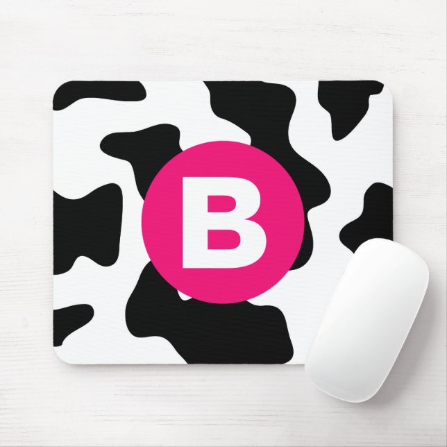 Quirky Cow Patch Pattern Pink Monogram Mouse Pad (With Mouse)