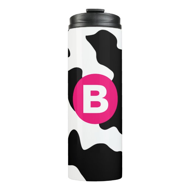 Quirky Cow Patch Pattern Pink Monogram Thermal Tumbler (Front)