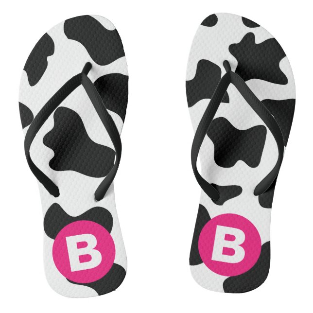 Quirky Cow Patch Pattern Pink Monogram Thongs (Footbed)
