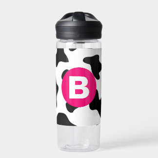 Quirky Cow Patch Pattern Pink Monogram Water Bottle