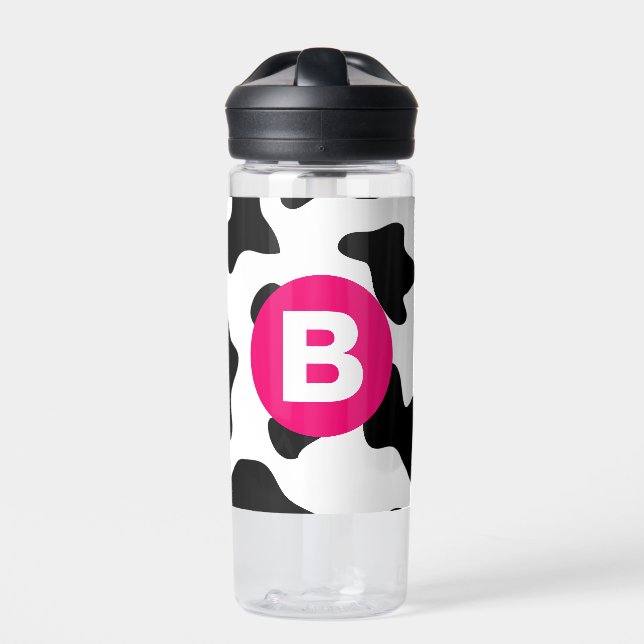 Quirky Cow Patch Pattern Pink Monogram Water Bottle (Front)
