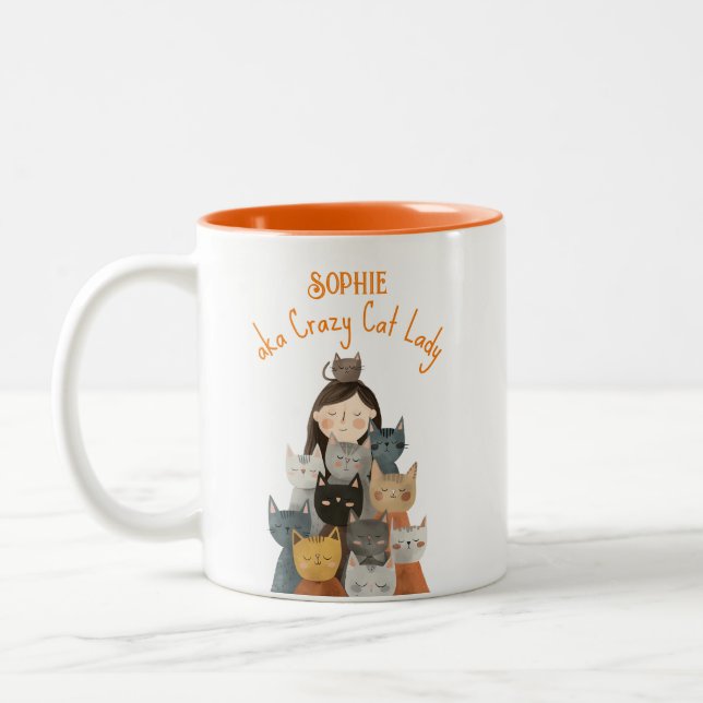 Quirky Crazy Cat Lady with Name Funny Two-Tone Coffee Mug (Left)