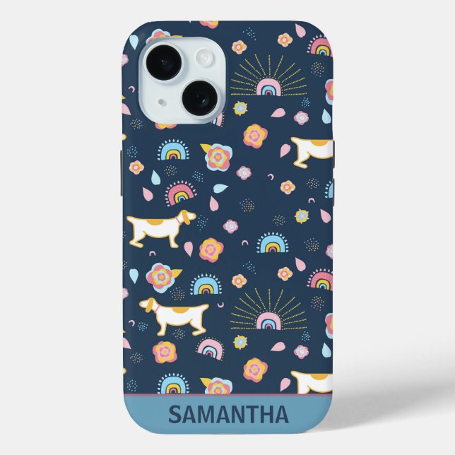 Quirky Cute Dog Rainbow Pattern Blue Personalised Case-Mate iPhone Case (Back)