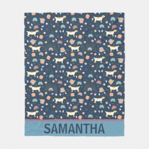 Quirky Cute Dog Rainbow Pattern Blue Personalised Fleece Blanket