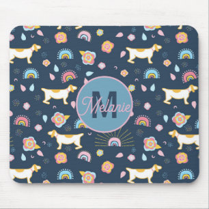 Quirky Cute Dog Rainbow Pattern Blue Personalised Mouse Pad
