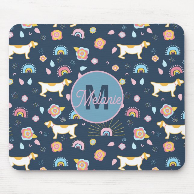 Quirky Cute Dog Rainbow Pattern Blue Personalised Mouse Pad (Front)