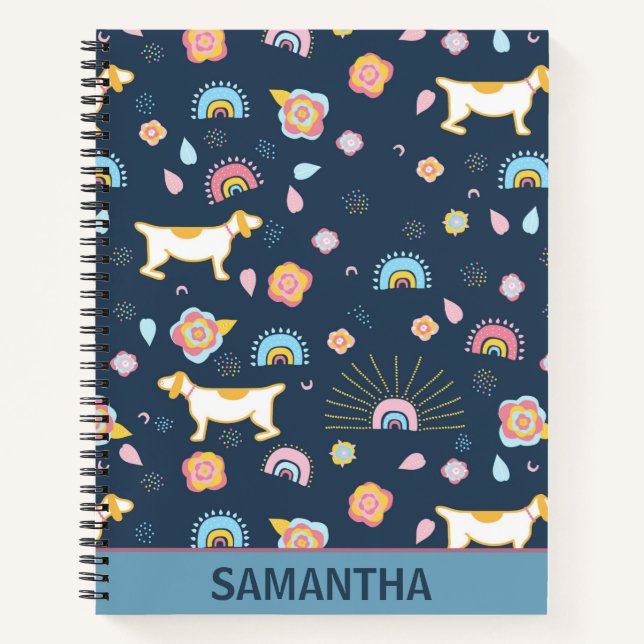 Quirky Cute Dog Rainbow Pattern Blue Personalised Notebook (Front)