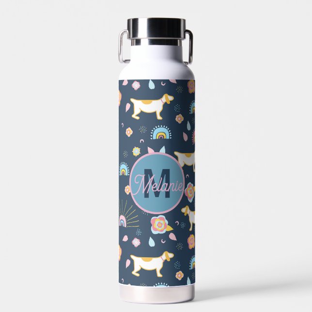 Quirky Cute Dog Rainbow Pattern Blue Personalised Water Bottle (Front)