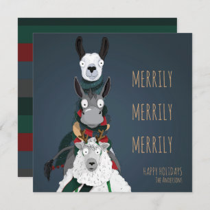 Quirky Cute Funny “Merrily Merrily Merrily” Blue Holiday Card