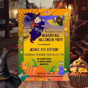 Quirky Cute Witch Kids Halloween Party Invitation