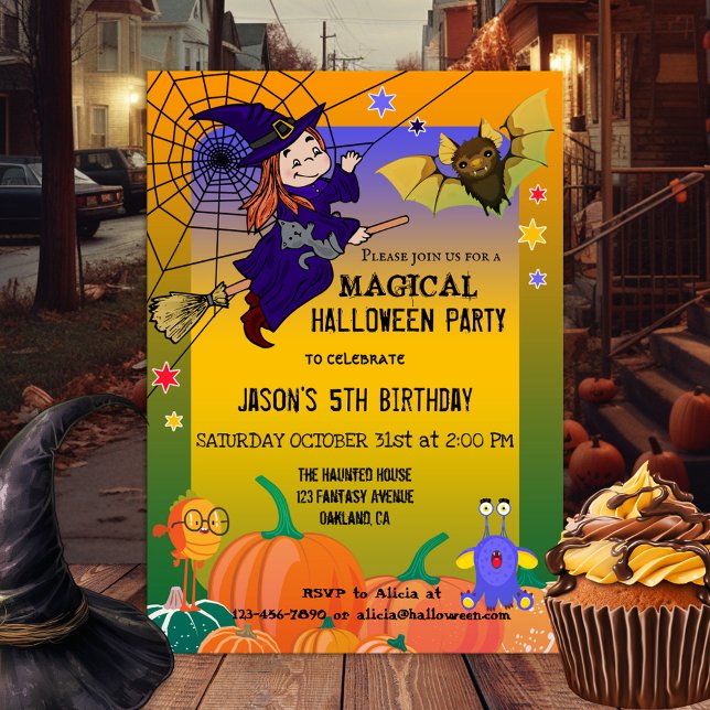 Quirky Cute Witch Kids Halloween Party Invitation (A magical Halloween party invitation featuring a witch with her frightened kitty flying on her broom)