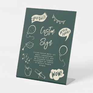 Quirky Doodle Graduation Party Green Custom Pedestal Sign