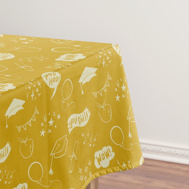 Quirky Doodle Yellow Graduation Party Tablecloth (In Situ)