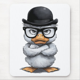Quirky Duck Portrait with Glasses and Hat Mouse Pad