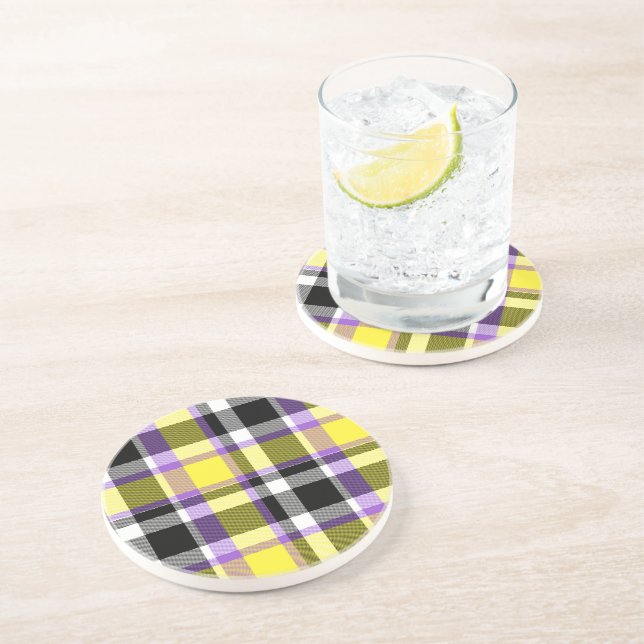 Quirky Eclectic Boho Nonbinary Plaid Pride Flag Coaster (Side)