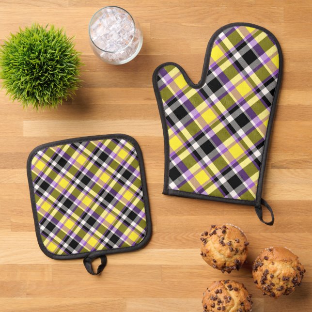 Quirky Eclectic Boho Nonbinary Plaid Pride Flag Oven Mitt & Pot Holder Set (Top Down)
