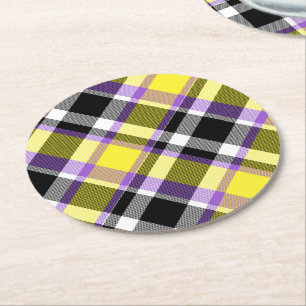 Quirky Eclectic Boho Nonbinary Plaid Pride Flag Round Paper Coaster
