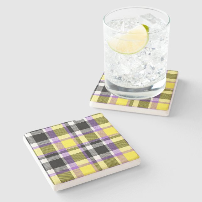 Quirky Eclectic Boho Nonbinary Plaid Pride Flag Stone Coaster (Side)